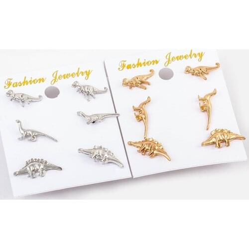 Fashion Dinosaur Shaped Earrings For Women Girls Classic Design Animal Charms Stud Ear Jewelry Birthday Gifts 3 pairs