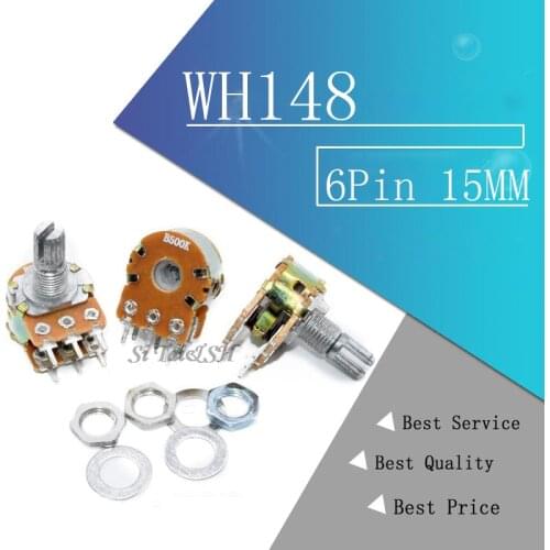 5pcs B1K B2K B5K B10K B20K B50K B100K B500K B1M 6Pin 15MM Shaft WH148 Potentiometer 1K 2K 5K 10K 20K 50K 100K 500K 1M