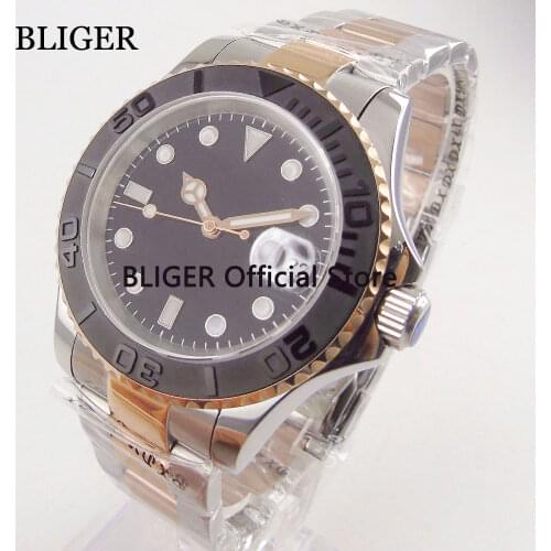 BLIGER 40mm Black Nologo Dial Watch Ceramic Rotating Bezel Luminous Marks Sapphire Miyota Automatic Movement Mens Watch