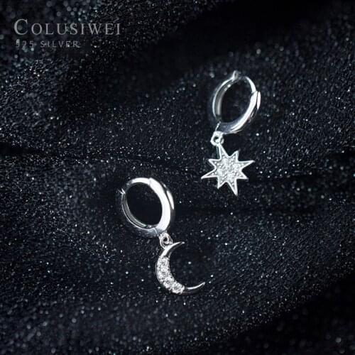 Colusiwei Real 925 Sterling Silver Dazzling Star and Moon Clear CZ Drop Earrings for Women Fashion Sterling Silver Jewelry