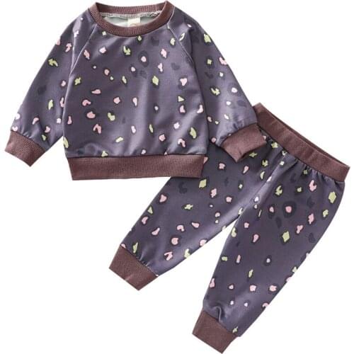 Childrens Clothing Infant Baby Girls Blue Leopard Printed Long Sleeve Crew Neck Polka Dots Ruffle Tops+Pants Spring Autumn sets