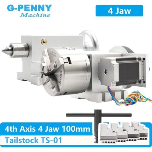 4 Jaw 100mm 4th Axis+Tailstock CNC dividing head Rotation Axis/ A axis kit for Mini CNC router/engraver wood working engraving
