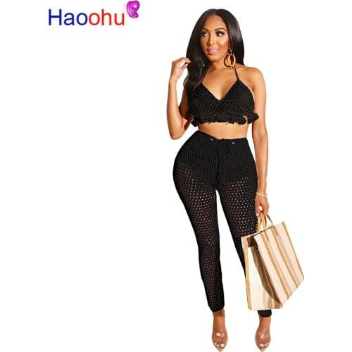 Neon Yellow Fishnet Hollow Two Piece Set Halter Backless Tassels Crop Top+Pencil Pants Summer See Through Beach Outfit Tracksuit