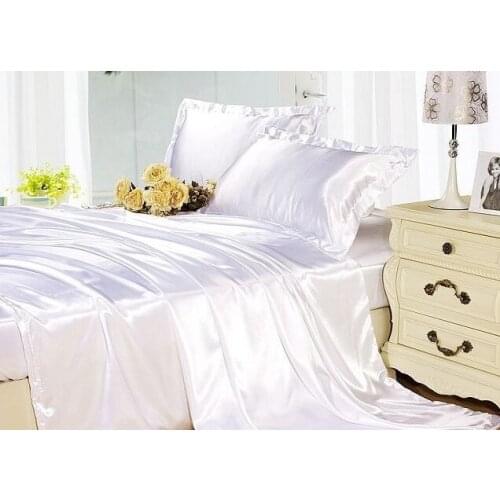 Silk sheets bedding set White cream silk satin super king size queen double doona duvet cover fitted bed sheets bedspreads 6pcs