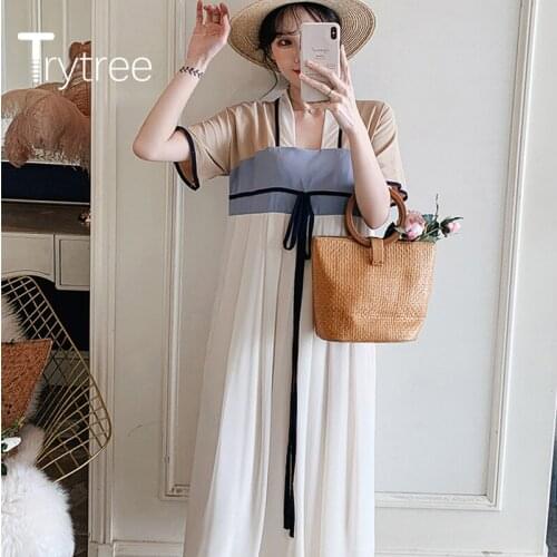 Trytree 2020 Summer Woman Casual Dress V-neck Patchwork A-line 2 Color High Waist Zipper Fashion Elegant Chinese style Dress