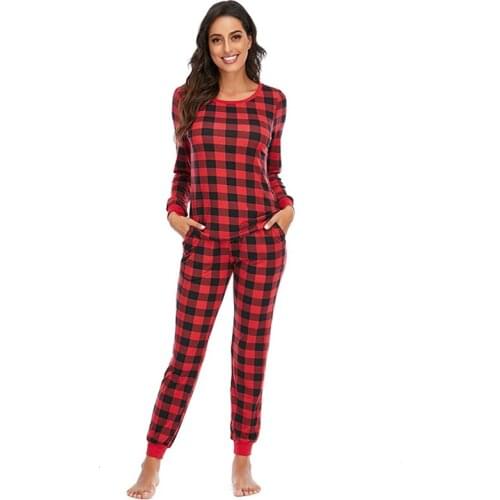 Fashion Women O Neck Long-Sleeved Plaid Sleepwear Soft Home Service Two-Piece Set Lady Pajamas Set P1