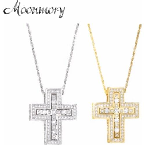 Moonmory Fashion Jewelry Pure 925 Sterling Silver Double Cross Pendant Necklace With Full Stone For Men Long Chain Cross Pendant