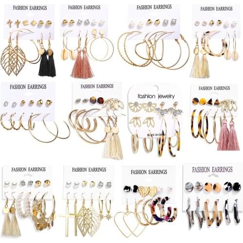 New Fashion 6Pcs/Set Long Tassel Earring Geometirc Pearl Circle Hoop Earrings 40 Style Women Popular Gold Big Ear Hoop Jewelry