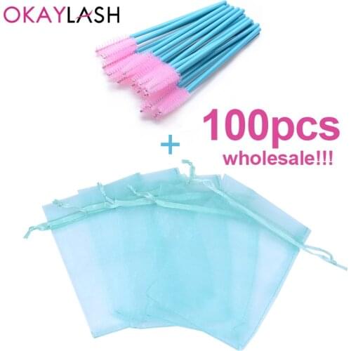 OKAYLASH bulk order silk organza beautiful eyelash packaging bag with free fake eyelash applicator brush for wholesale bundles