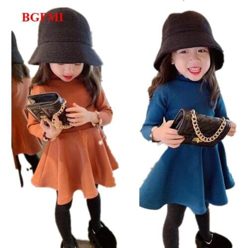 Autumn Winter Long Sleeved Knit Baby Dresses for Girl Warm Solid Color Princess Dress Lotus Leaf Collar Pocket Doll Dress