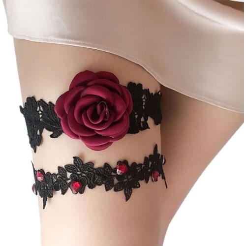 2Pcs Women Bride Thigh Rings Cloth Rose Flower Lace Embroidery Rhinestone Enbellishment Leg Garters Stretchy Handmade