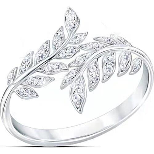Simple Fashion Silver Color Crystal Leaf Rings Exquisite Jewelry Adjustable Finger Ring For Women Party Wedding Engagement Gifts