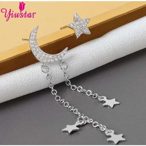 Ladies Simple Moon Star Earrings Unusual Rhinestone Long Chain Earrings Shining Fashion Geometric Tassel Piercing Party Jewelry