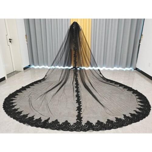 Real Photos Black Lace Bridal Veils 3 4 metres Cathedral Long Appliques Wedding Vintage Halloween Veil for Bride Velos Negra