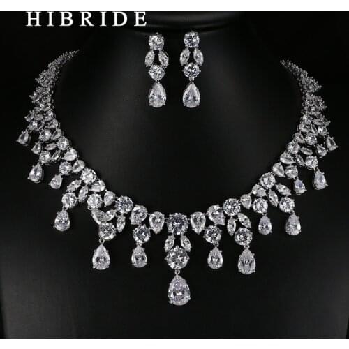 HIBRIDE Luxury Top Quality White /Green Water Drop Shape Cubic Zirconia Jewelry Sets ,White Gold Color Necklace Earrings N-057