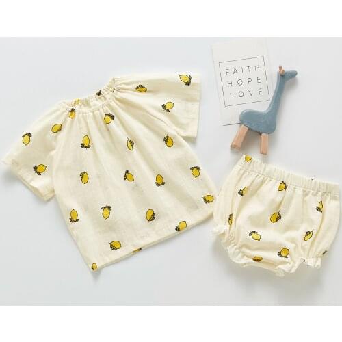 2021 Summer New Toddler Baby Girl Fashion Cartoon Fruit Printed Short Sleeve Tops + Kid Breathable Cotton Pant 2pcs Clothes Set