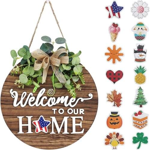 Interchangeable Seasonal Welcome Sign Front Door Decoration, Rustic Round Wooden Garland Wall Hanging Outdoors