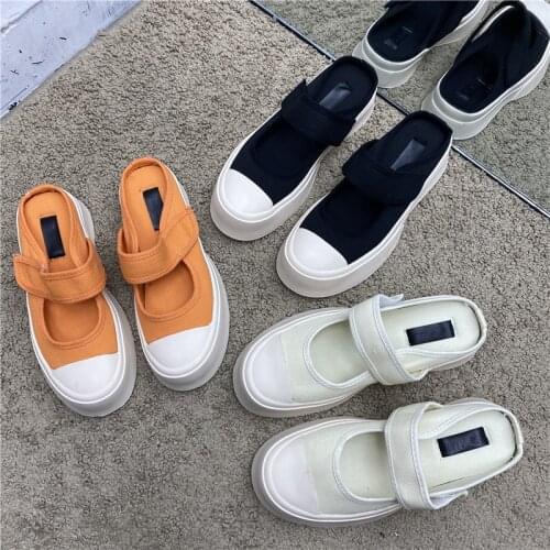 Summer Increase In 2021 Womens Shoes Canvas Lace up Slippers Half Slippers Women Thick-soled Lazy Shoes Round Toe Slip On Shoes