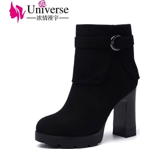 Universe cow suede ankle boots comfy round toe thick heel women boots square high heel plus size lady boots E326