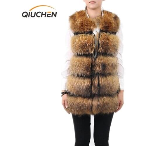 QIUCHEN PJ8050 Women 2020 New Full Pelt Real Raccoon Dog Long Fur Vest Genuine Leather Gilet Wholesale Sleeveless Solid
