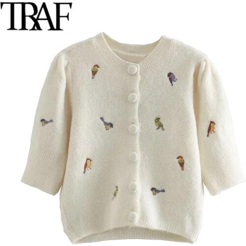 TRAF Women Fashion With Embroidery Cropped Knitted Cardigan Sweater Vintage Puff Sleeve Female Outerwear Chic Tops