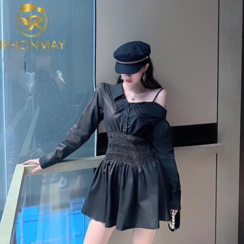2020 Spring and Autumn Korean Style Long Sleeve Long Shirt Dress Cropped shoulder Splicing Lace dress Casual Dresses