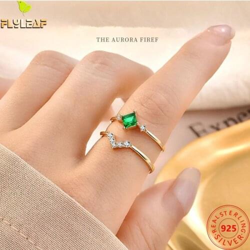 100% 925 Sterling Silver Rings For Women Ins Personality Retro Stacking Square Emerald V-shaped Open Ring Fashion Fine Jewelry