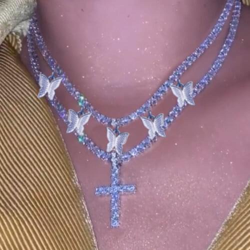 Iced Out Crystal Cross Pendant Women Necklace Layered Butterfly Charms Tennis Choker Gold Silver Color HipHop Punk Femme Jewelry