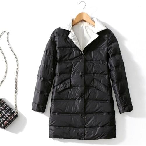 Winter thin double-sided wear contrast color mid-length white duck down jacket ladies jacket