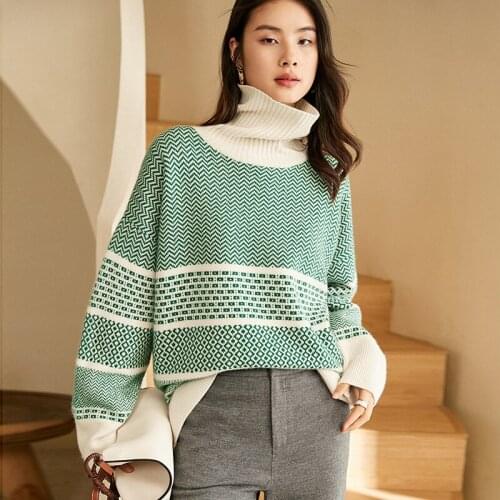 100% Cashmere Sweater Women Casula Style Loose Turtleneck Long Sleeves Plaid Patchwork Basic Pullovers Knitwear New Fashion