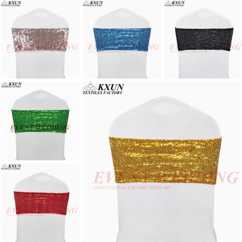 100PCS Lot Sequin Chair Band Tie Bow Lycra Spandex Chair Cover Sash Wedding Event Decoration