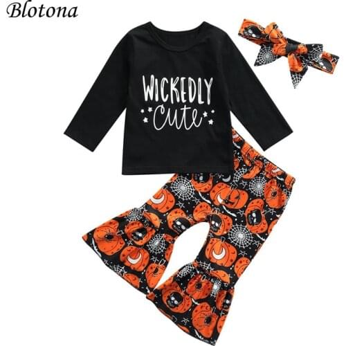 Blotona Girls T-shirt and Trousers Halloween Suit, Letter Long Sleeve Tops and Pumpkin Print Trumpet Pants with Headband 0-3Y