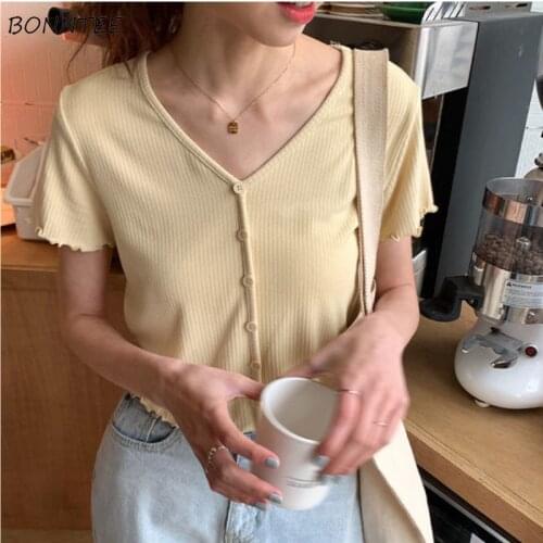 T-shirts Women Summer Solid Fashion Sweet All-match Ulzzang College Girls V-neck Leisure Loose Comfortable Lady Tops Breathable