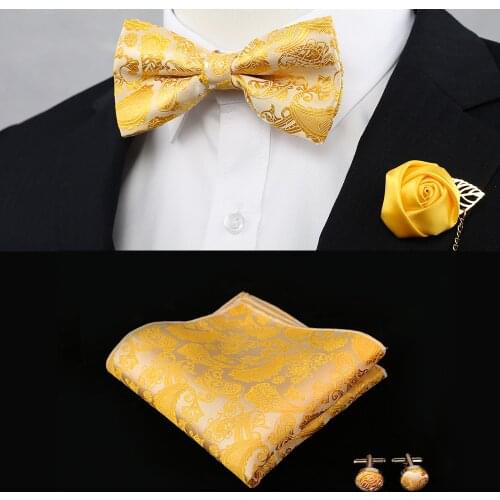 New Silk Flower Business Bowtie Men Vintage Purple Red Black Gold Royal Blue Wedding Bow Ties Pocket Square Handkerchief Set