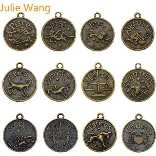 Julie Wang 12PCS Mixed 12 Constellations Zodiac Pattern Charms Antique Bronze Alloy Necklace Bracelet Jewelry Making Accessory