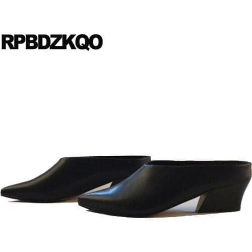 Ladies White Sandals Shoes Pointed Toe Thick Big Size Winkle Picker Catwalk Mules Slipper Medium Heels Pumps Black Closed High
