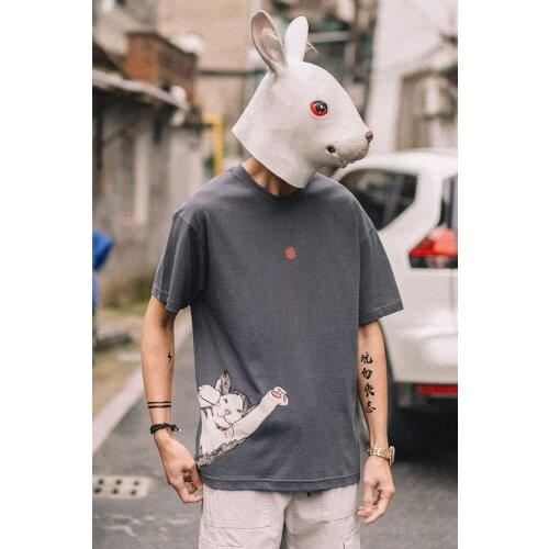 Summer five-minute sleeves simple loose solid color dinosaur print round collar fashionable mens cotton casual T-shirt