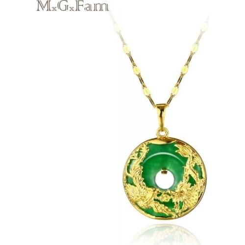 M.G.Fam Dragon and Phoenix Pendant Necklace For Women Green Rhinestone China Ancient Mascot Pure Gold Color with 45cm Chain