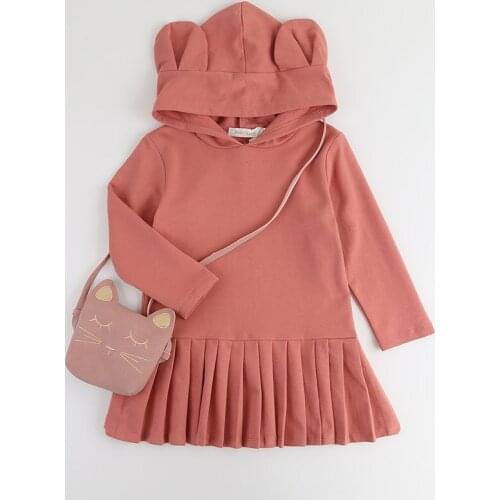 Fahion New fleece Kids Girls dress autumn childrens wear rabbit ears cap long sleeves pleats style girls hoodie dress DR19146