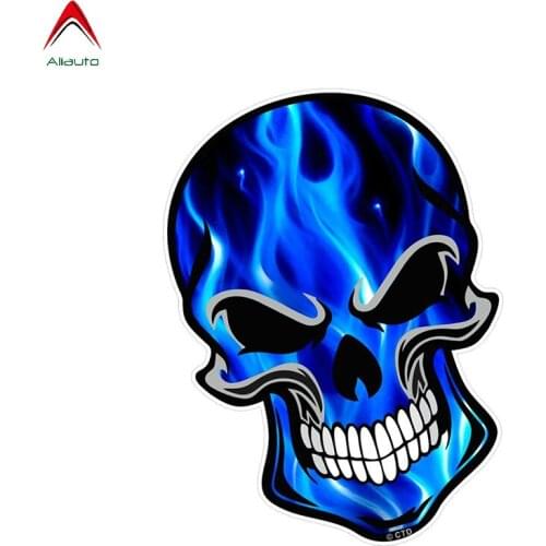 Aliauto Gothic Biker Skull with Electric Blue Flames Fire Motif External Car Stickers Auto Motor Decoration PVC Decal,12cm*8cm