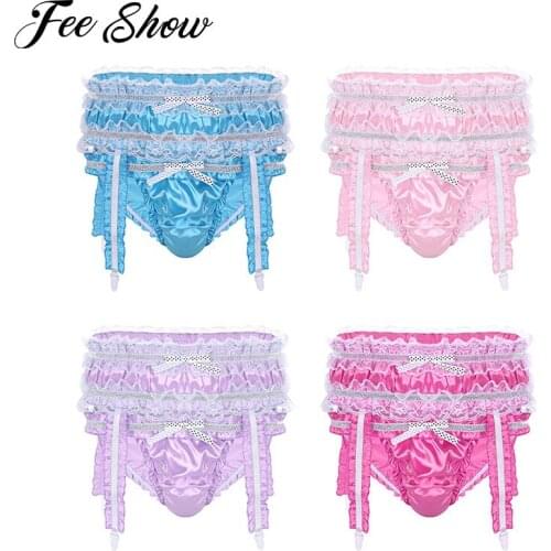 Mens Sexy Lingerie Soft Shiny Satin Ruffled Frilly Low Rise Stretchy Sissy Bikini Briefs Underwear Panties with Garters