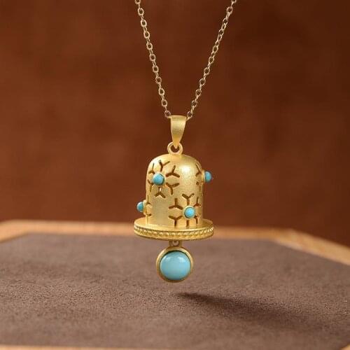 Original New silver inlaid natural turquoise classic bell Pendant Necklace Chinese style retro hollow gilded womens jewelry