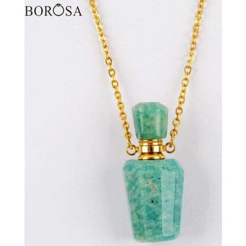 Perfume Bottle Natural Amazonite Pendant Necklace Turquosies Essential Oil Perfume Diffuser Connector Stainless Steel Necklace