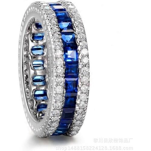 Luxury Female Crystal Blue Geometric Stone Ring Big Gorgeous Silver Color Ring Wedding Band Promise Engagement Rings For Women