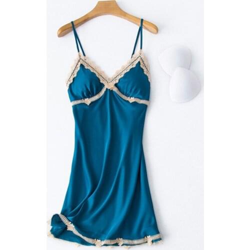 Sexy nightdress chiffon home service thin section bathrobe women with chest pads can gather lace strap nightdress pijamas women