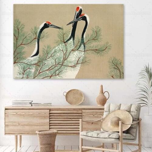 Modern Canvas Art Print of Cranes From Momoyogusa Flowers of A Hundred Generations By Kamisaka Sekka Painting for Living Room