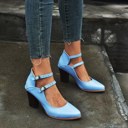 Hot Sale Women Pumps High Square Heels Lady Shoes Buckle Strap Pointed Toe Shoes Female Summer Casual Heels Women Size 35-43