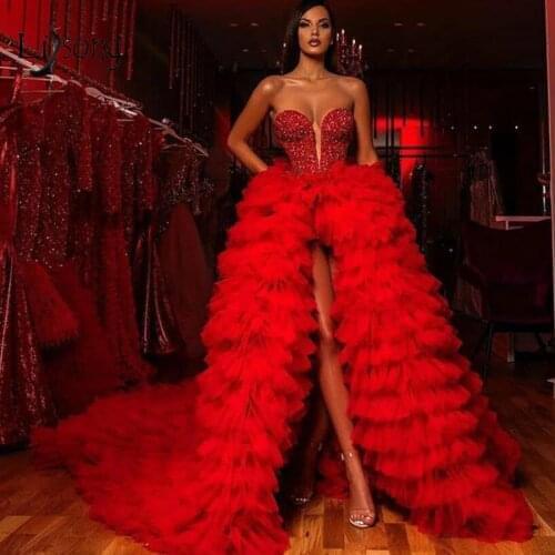 Gorgeous Red Crystal High Low Tulle Evening Dresses Ruffles Tiered Long Tutu Prom Gowns Sweetheart Beaded Party Dress