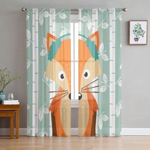 Cartoon Fox White Birch Curtain For Living Room Transparent Tulle Curtains Window Sheer For The Bedroom Accessories Decor