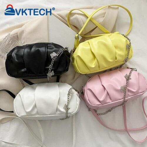 Retro Women Pleated Cloud PU Leather Shoulder Crossbody Messenger Bag Casual Ladies Solid Color Butterfly Chain Purse Handbags